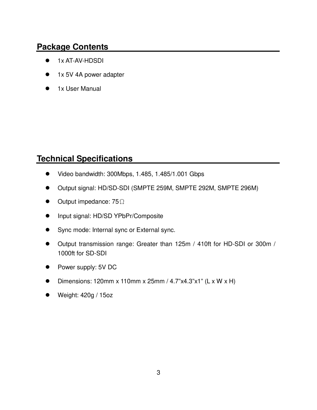 Atlona AT-AT-HDSDI user manual Package Contents, Technical Specifications 