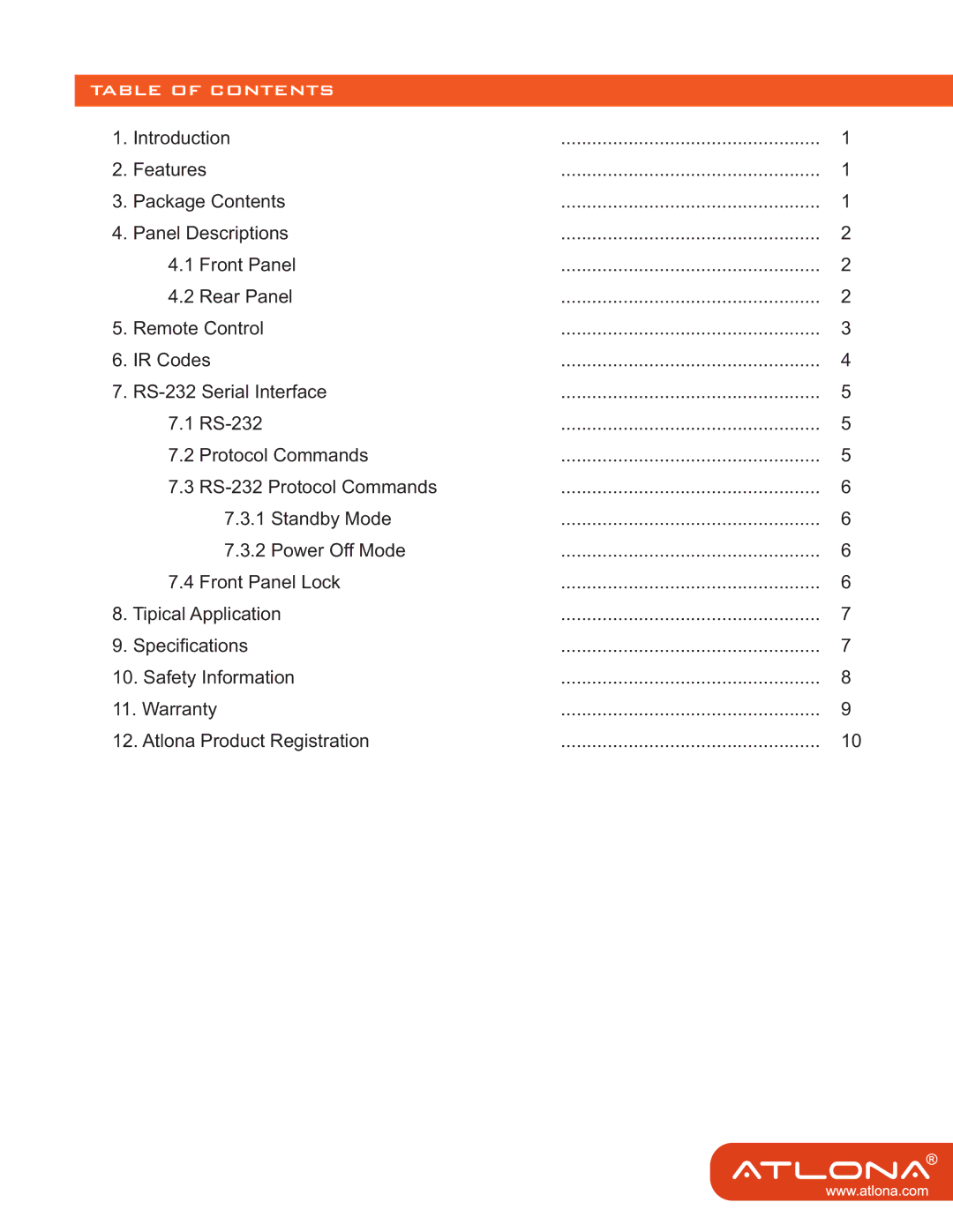 Atlona AT-AV0808N user manual Table of Contents 