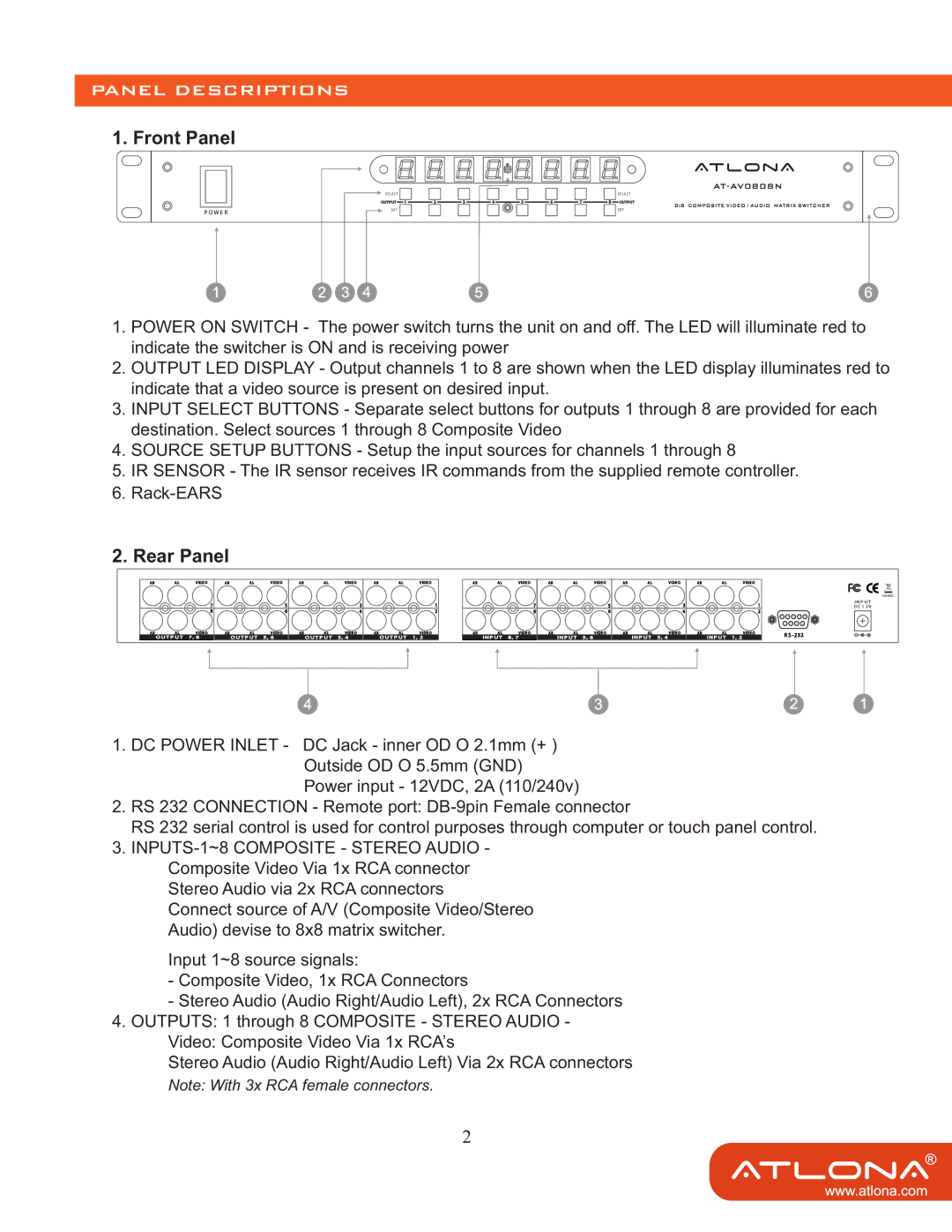 Atlona AT-AV0808N user manual Panel Descriptions, Front Panel, Rear Panel 