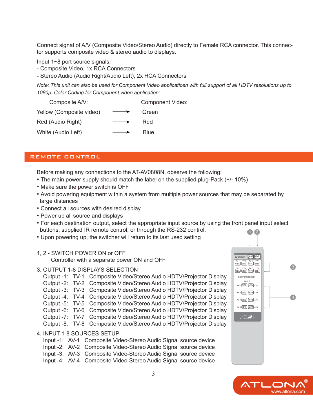 Atlona AT-AV0808N user manual Remote Control 