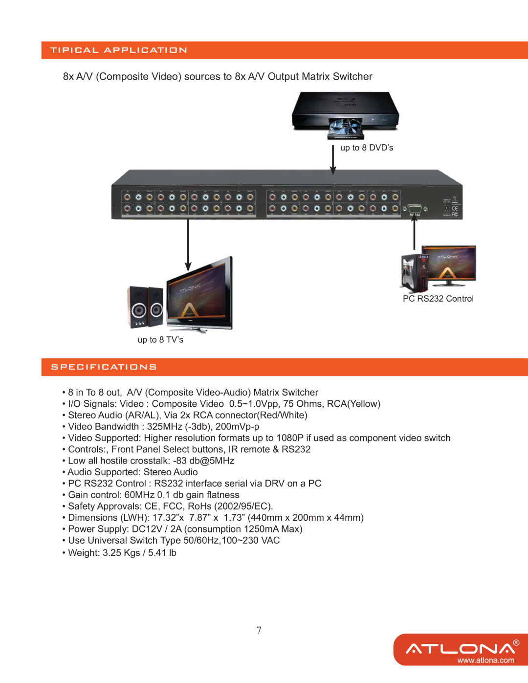 Atlona AT-AV0808N user manual Tipical Application, Specifications 