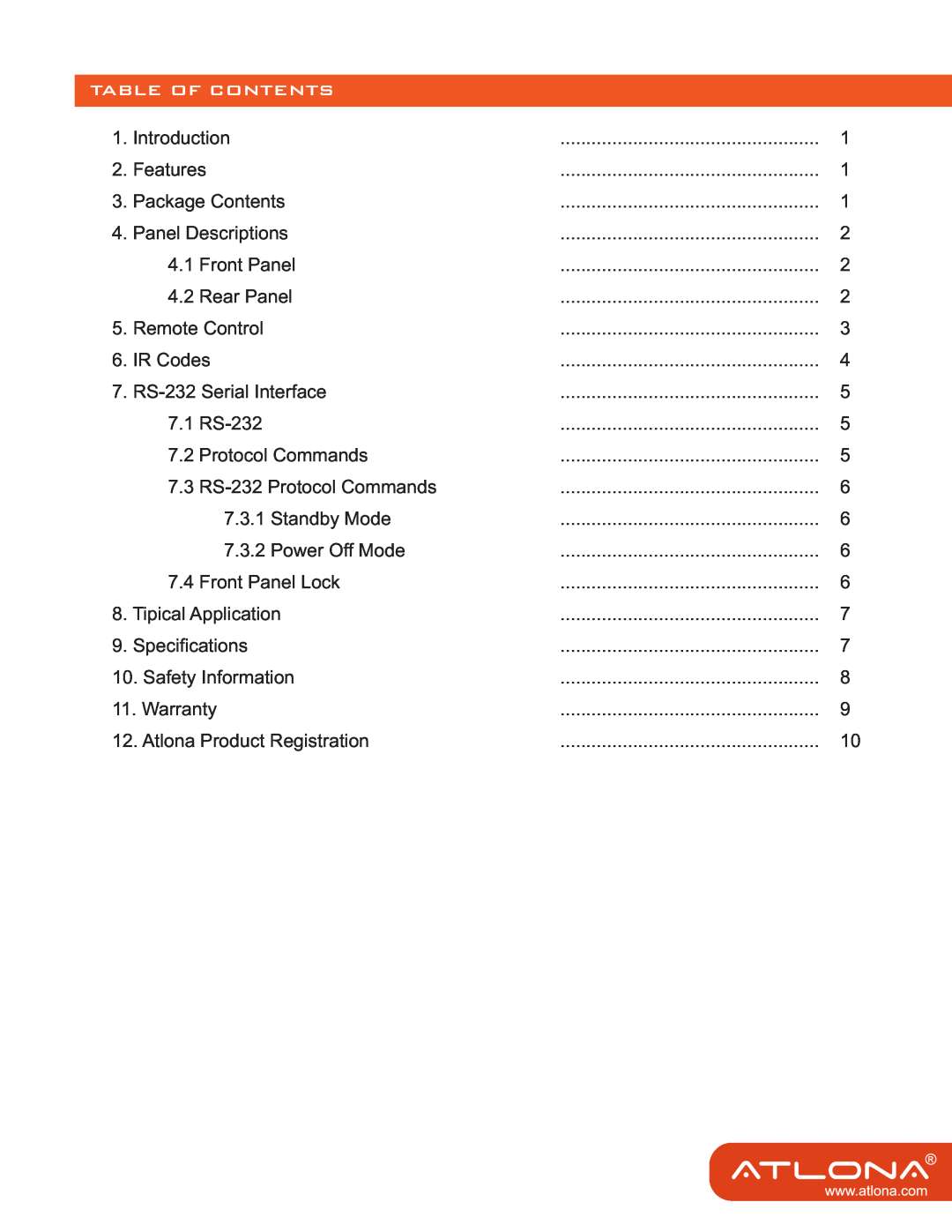 Atlona AT-AV0808N user manual Table Of Contents 