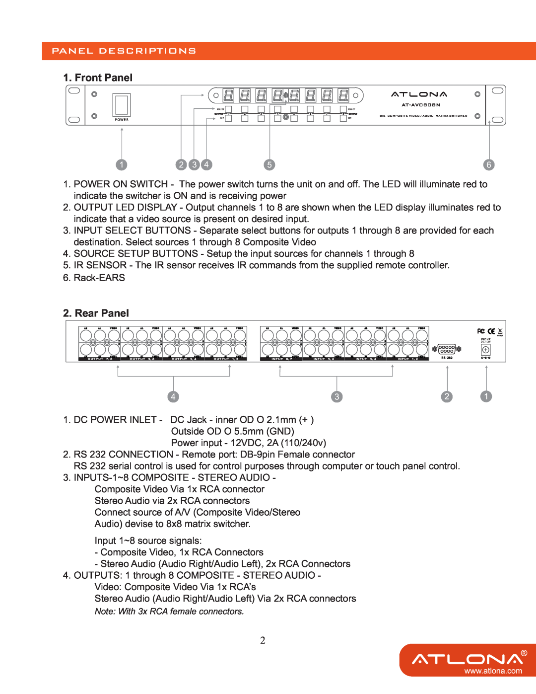 Atlona AT-AV0808N user manual Panel Descriptions, Front Panel, Rear Panel 