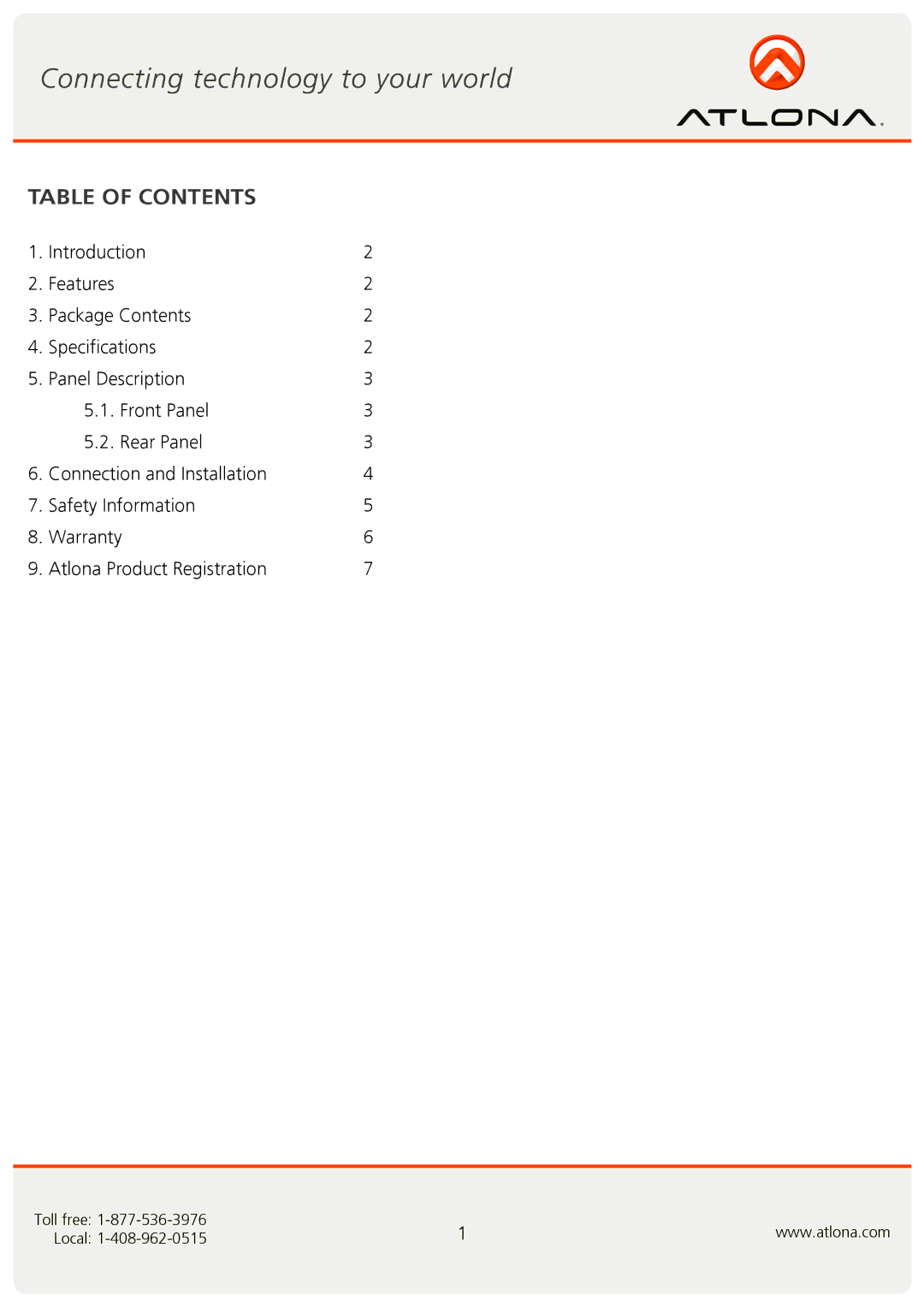 Atlona AT-AV14 user manual Table of Contents 