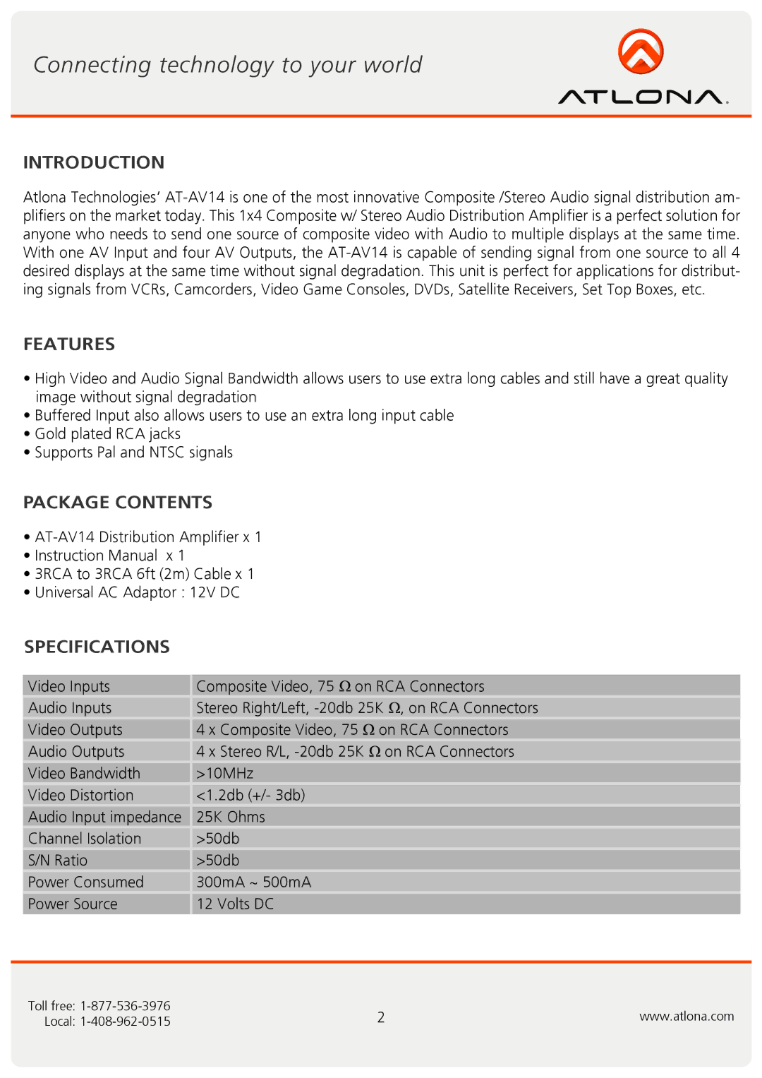 Atlona AT-AV14 user manual Introduction, Features, Package Contents, Specifications 