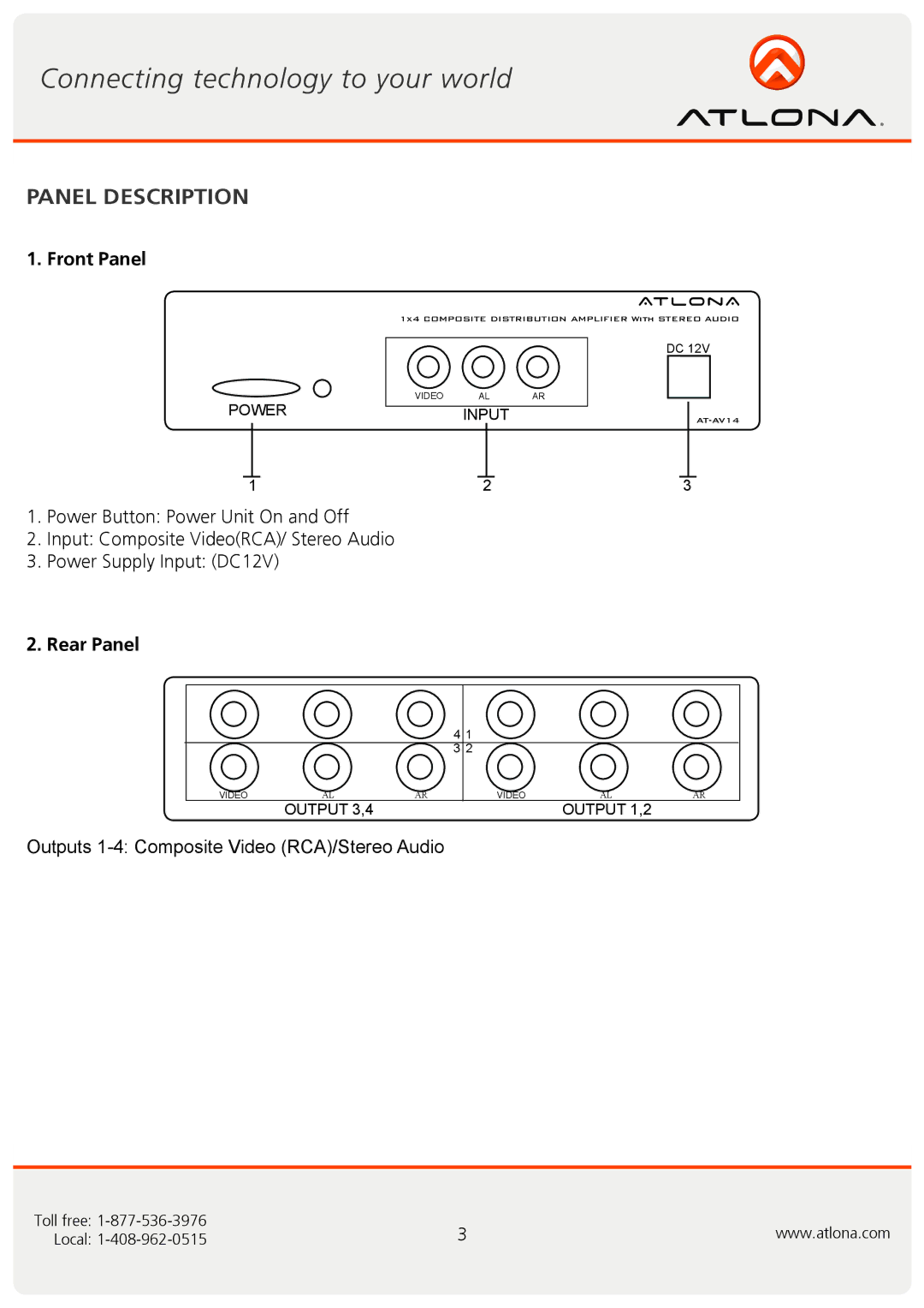 Atlona AT-AV14 user manual Panel Description, Front Panel, Rear Panel 