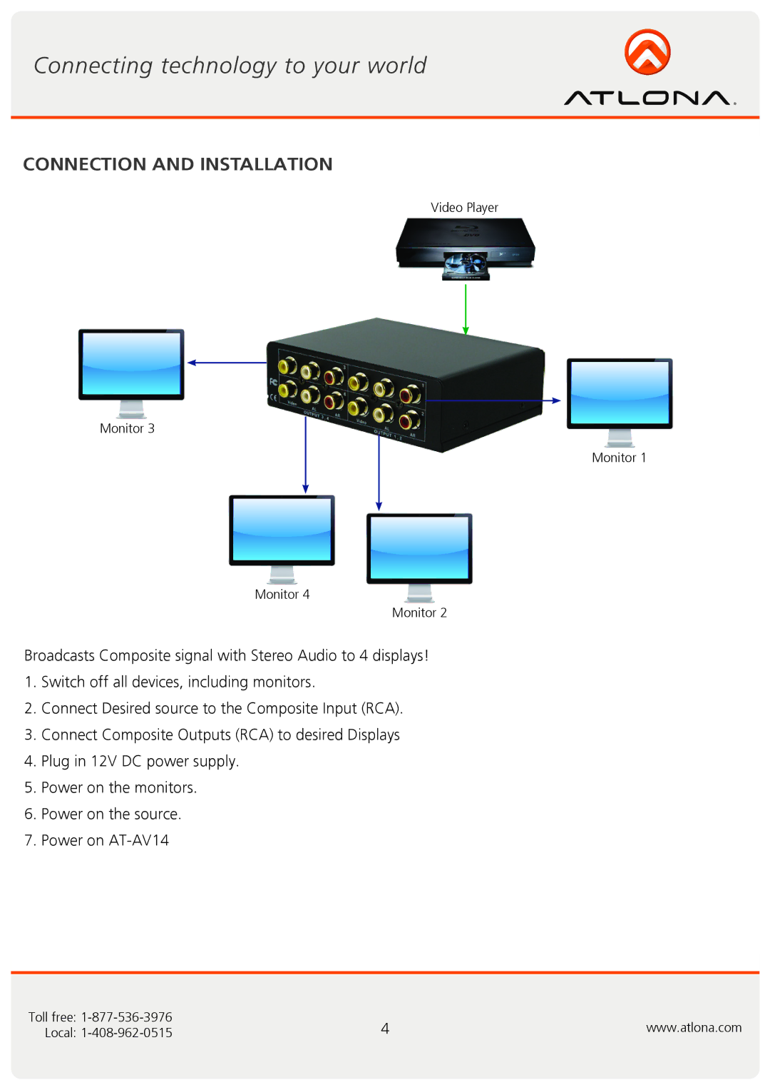 Atlona AT-AV14 user manual Connection and Installation 