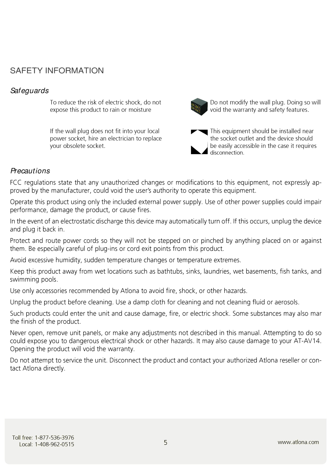 Atlona AT-AV14 user manual Safety Information, Safeguards 