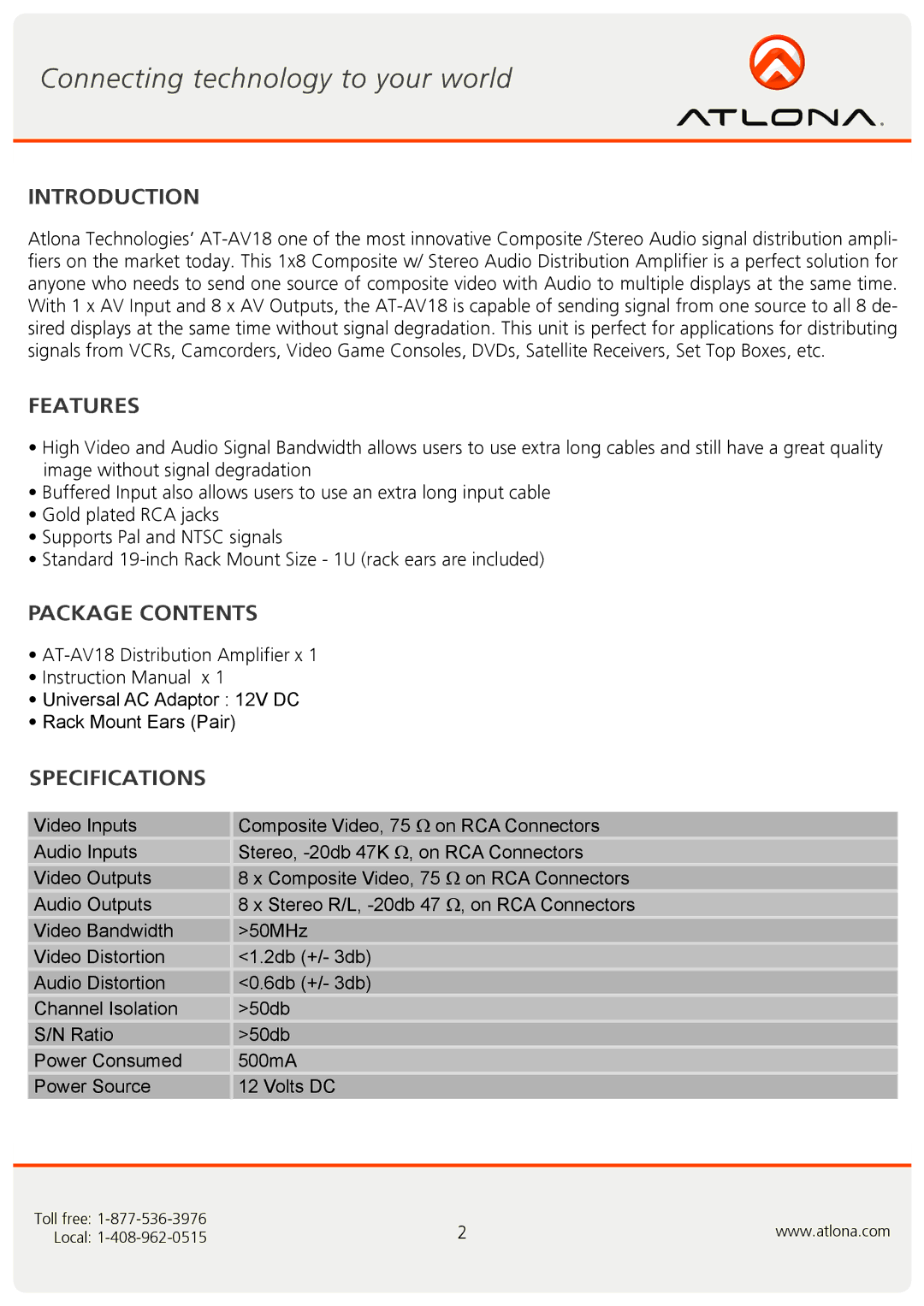 Atlona AT-AV18 user manual Introduction, Features, Package Contents, Specifications 