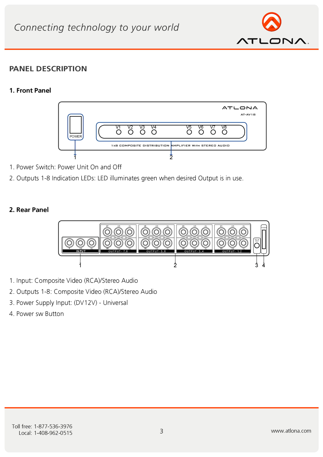 Atlona AT-AV18 user manual Panel Description, Front Panel, Rear Panel 