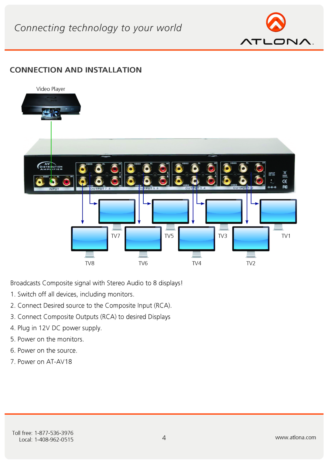 Atlona AT-AV18 user manual Connection and Installation 