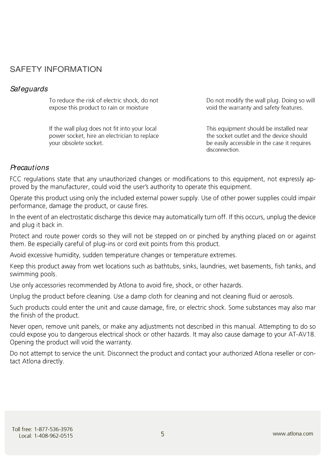 Atlona AT-AV18 user manual Safety Information, Safeguards 