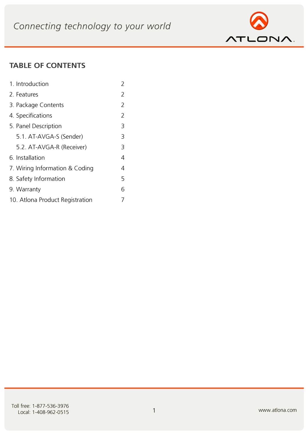 Atlona AT-AVGA-SR user manual Table of Contents 