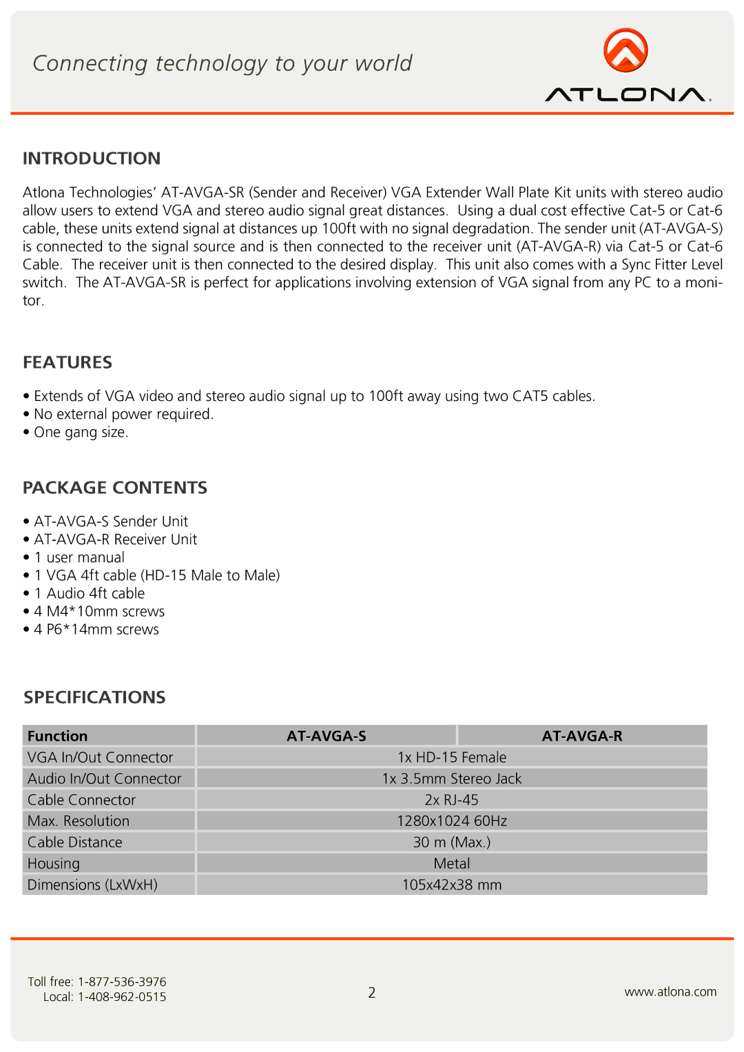 Atlona AT-AVGA-SR user manual Introduction, Features, Package Contents, Specifications 