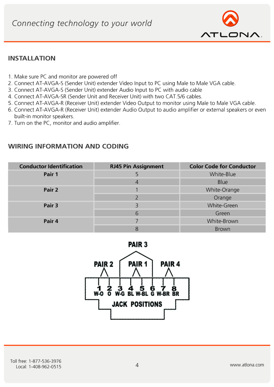 Atlona AT-AVGA-SR user manual Installation, Wiring Information and Coding 