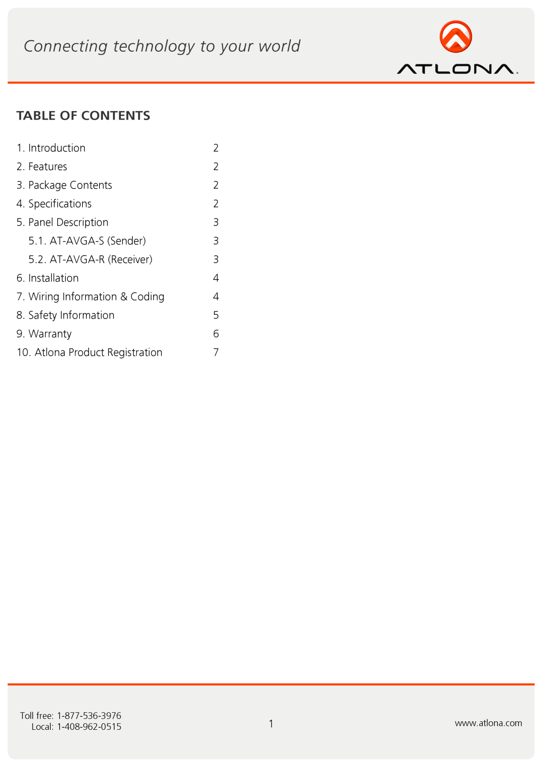 Atlona AT-AVGA-SR user manual Table Of Contents 