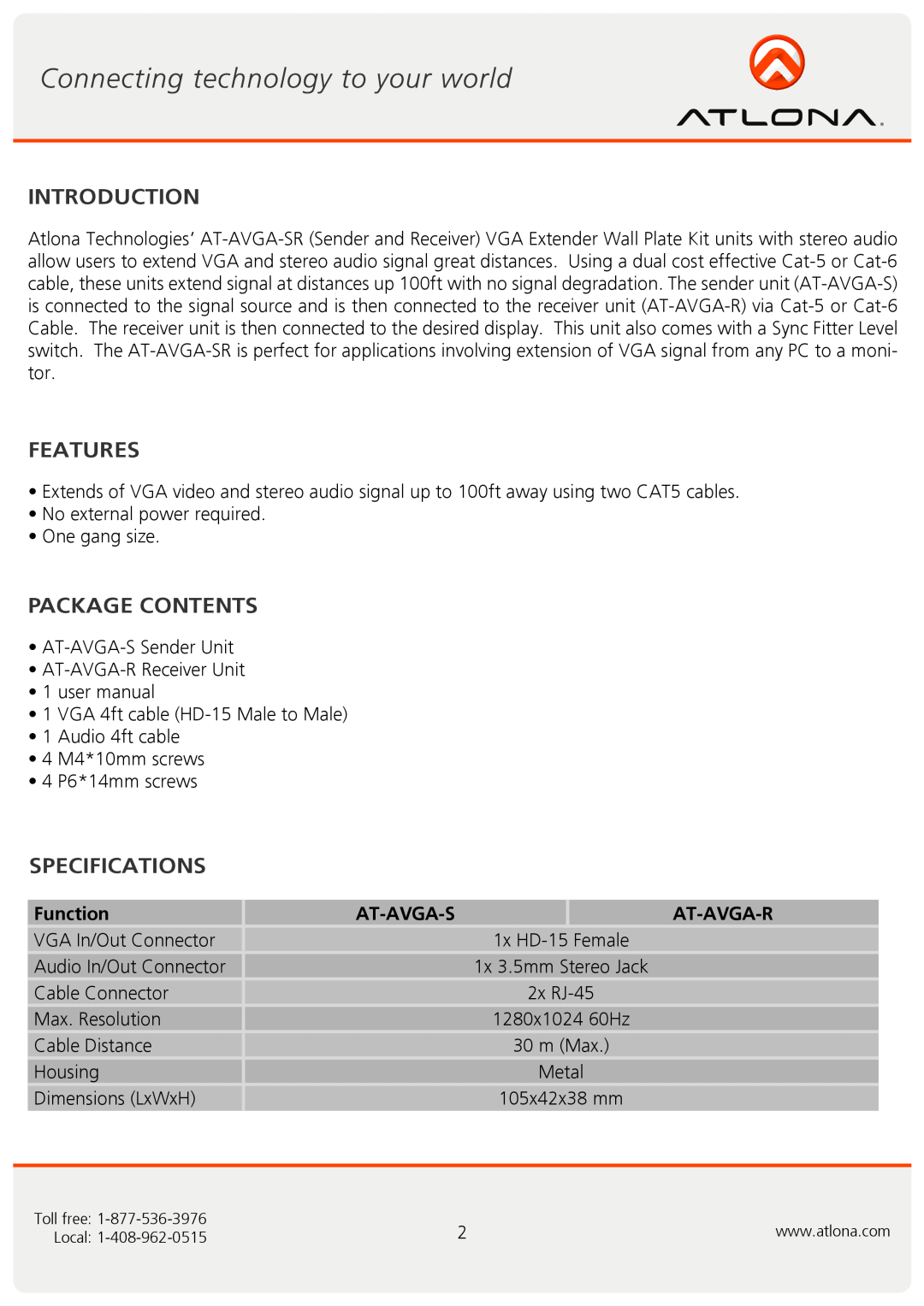 Atlona AT-AVGA-SR user manual Introduction, Features, Package Contents, Specifications, Function, At-Avga-S, At-Avga-R 