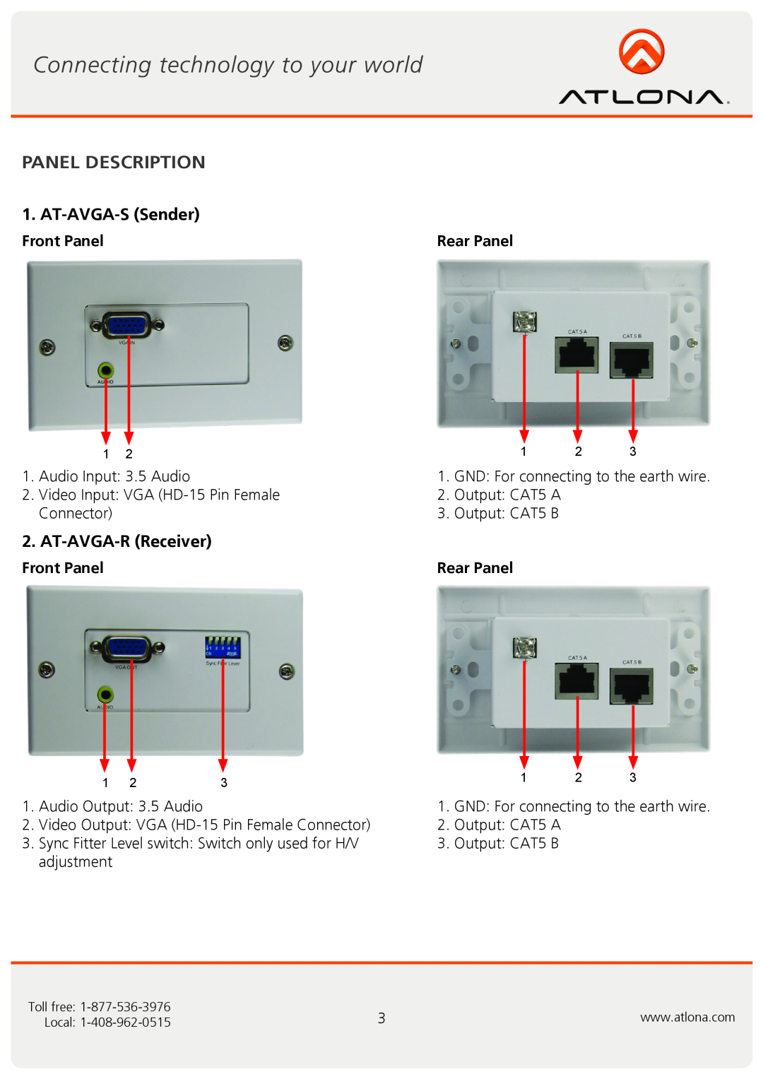 Atlona AT-AVGA-SR user manual Panel Description, Front Panel, Rear Panel, AT-AVGA-S Sender, AT-AVGA-R Receiver 