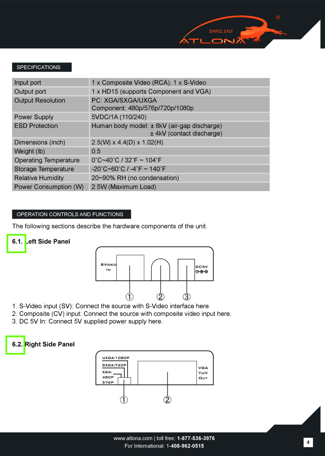 Atlona AT-AVS100 user manual Left Side Panel, Right Side Panel 