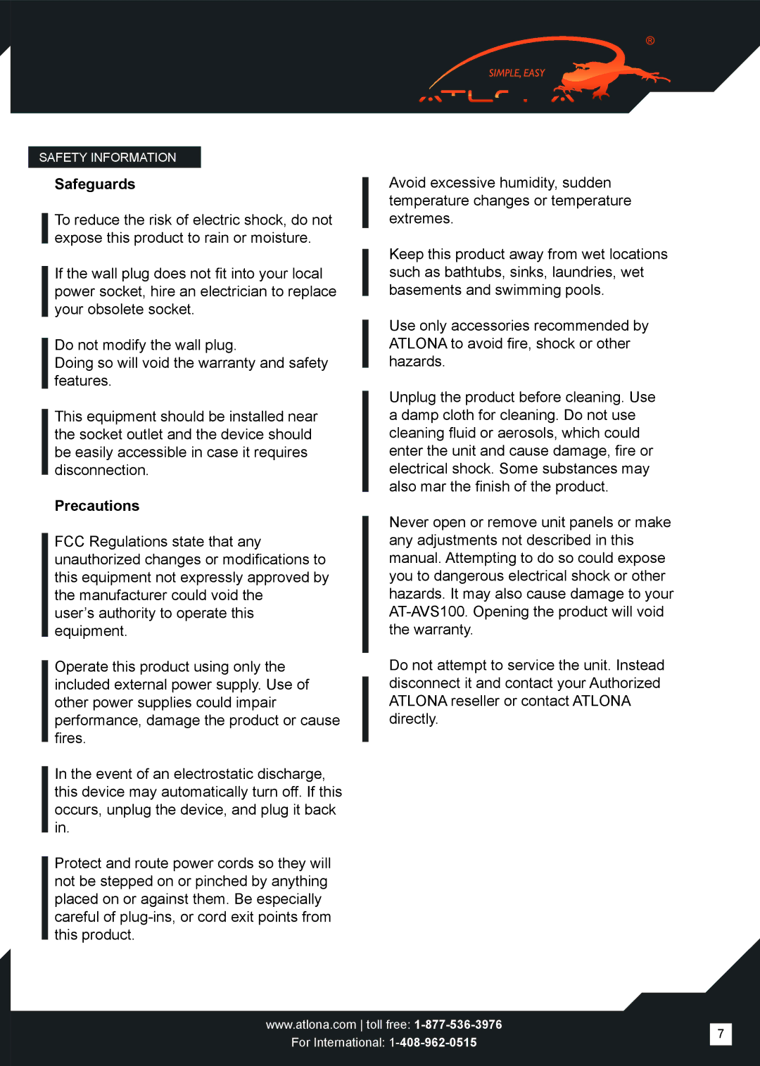 Atlona AT-AVS100 user manual Safeguards, Precautions 