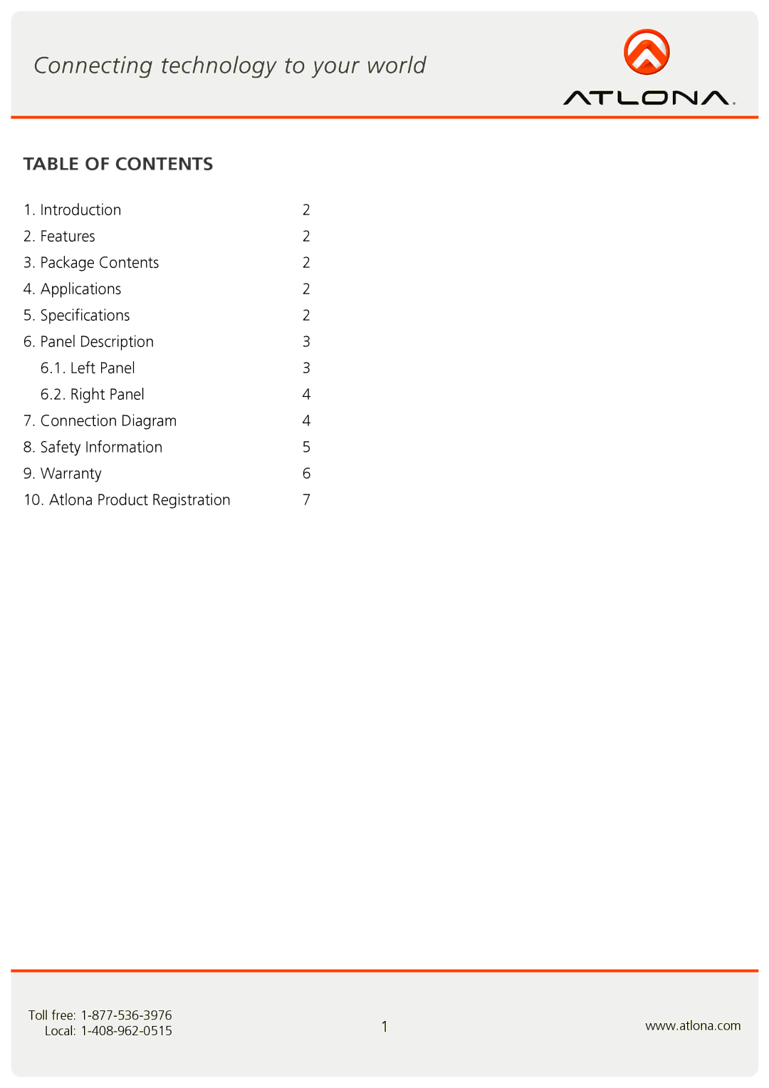 Atlona AT-AVS100 user manual Table of Contents 