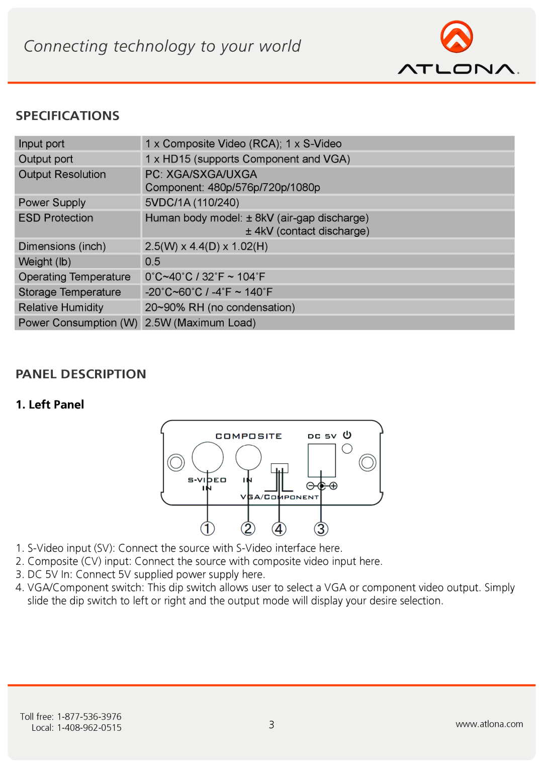 Atlona AT-AVS100 user manual Specifications, Panel Description 