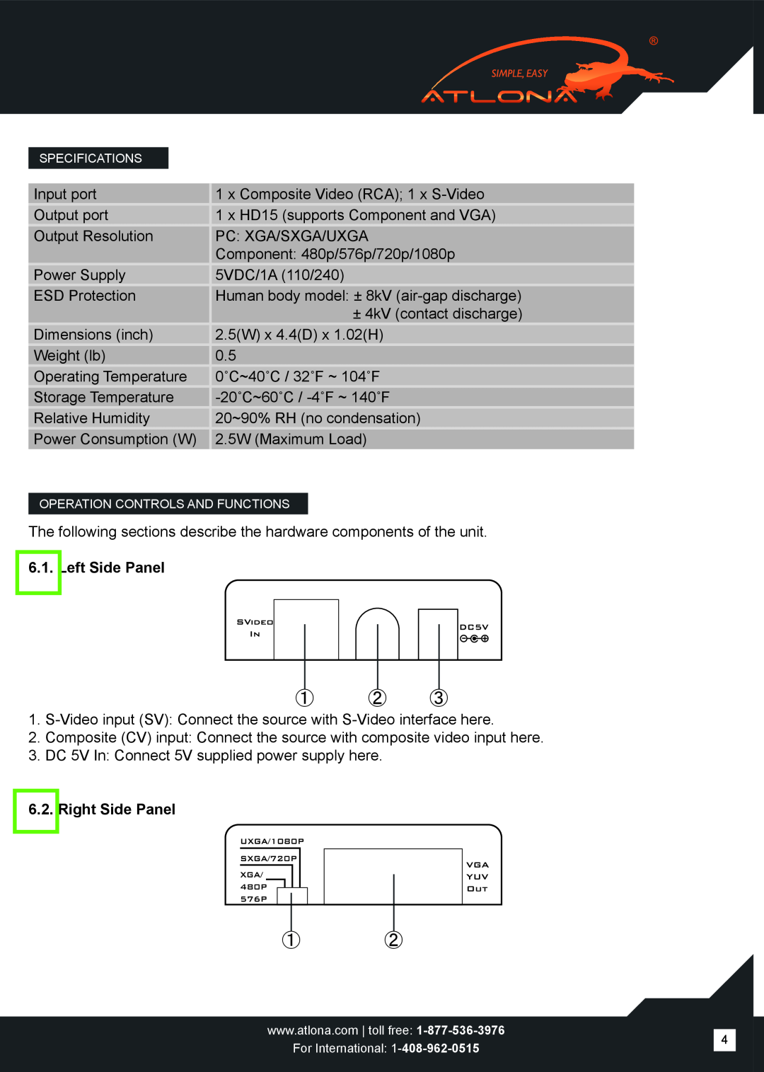 Atlona AT-AVS100 user manual ① ② ③, Left Side Panel, Right Side Panel 