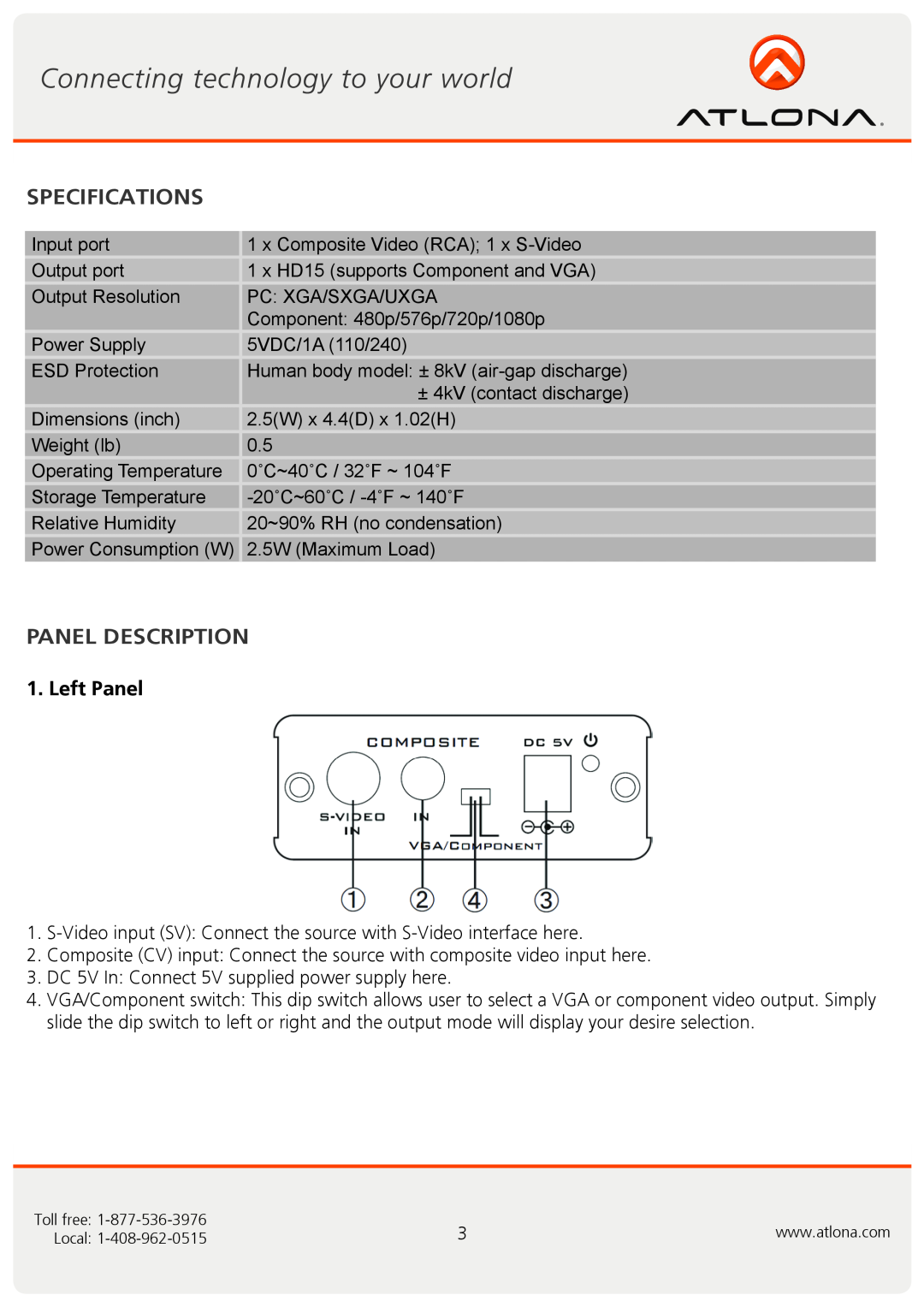 Atlona AT-AVS100 user manual Specifications, Panel Description, Left Panel 