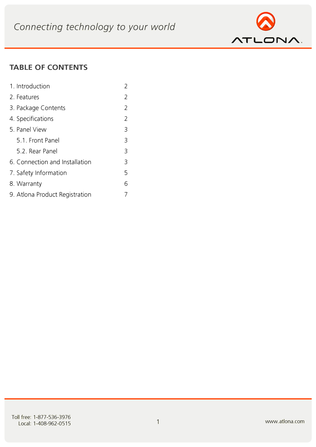 Atlona AT-COMP-13AD user manual Table of Contents 