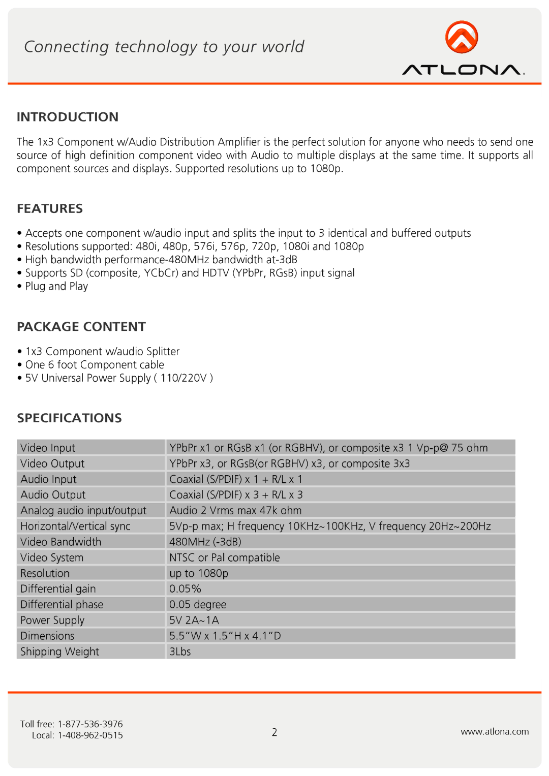 Atlona AT-COMP-13AD user manual Introduction, Features, Package Content, Specifications 