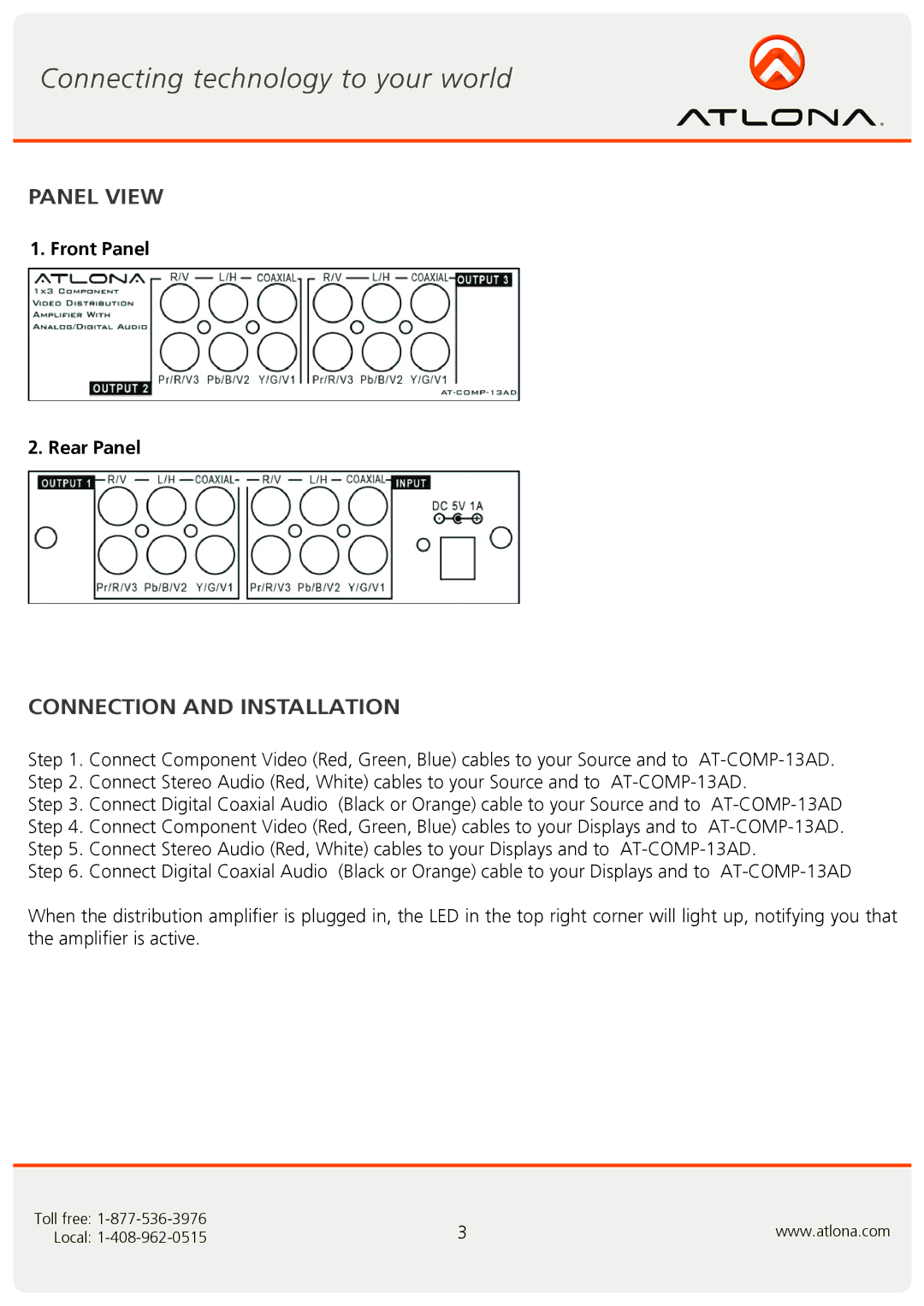 Atlona AT-COMP-13AD user manual Panel View, Connection and Installation 