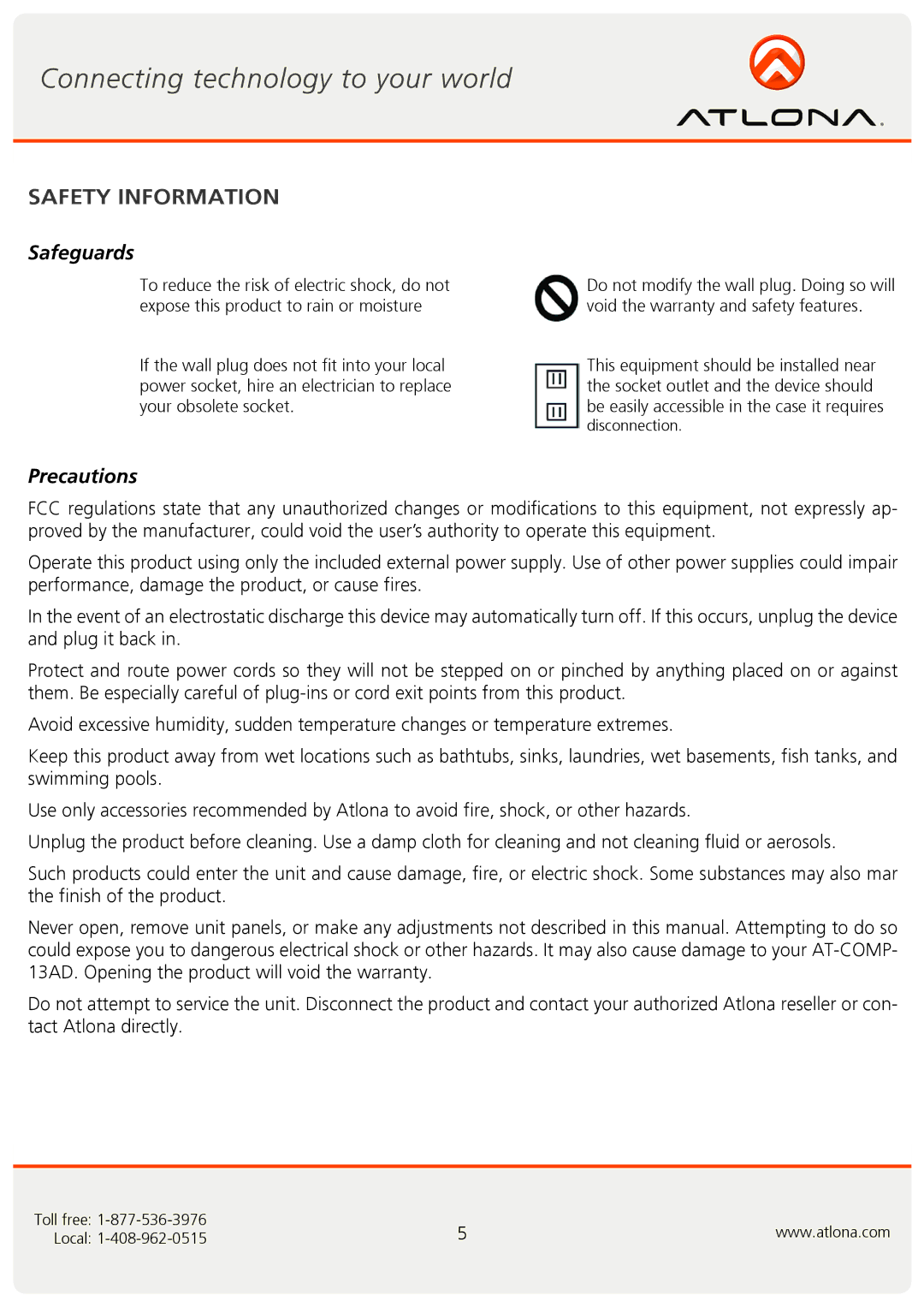 Atlona AT-COMP-13AD user manual Safety Information, Safeguards 