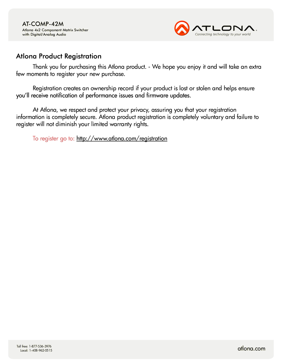 Atlona AT-COMP-42M user manual Atlona Product Registration 