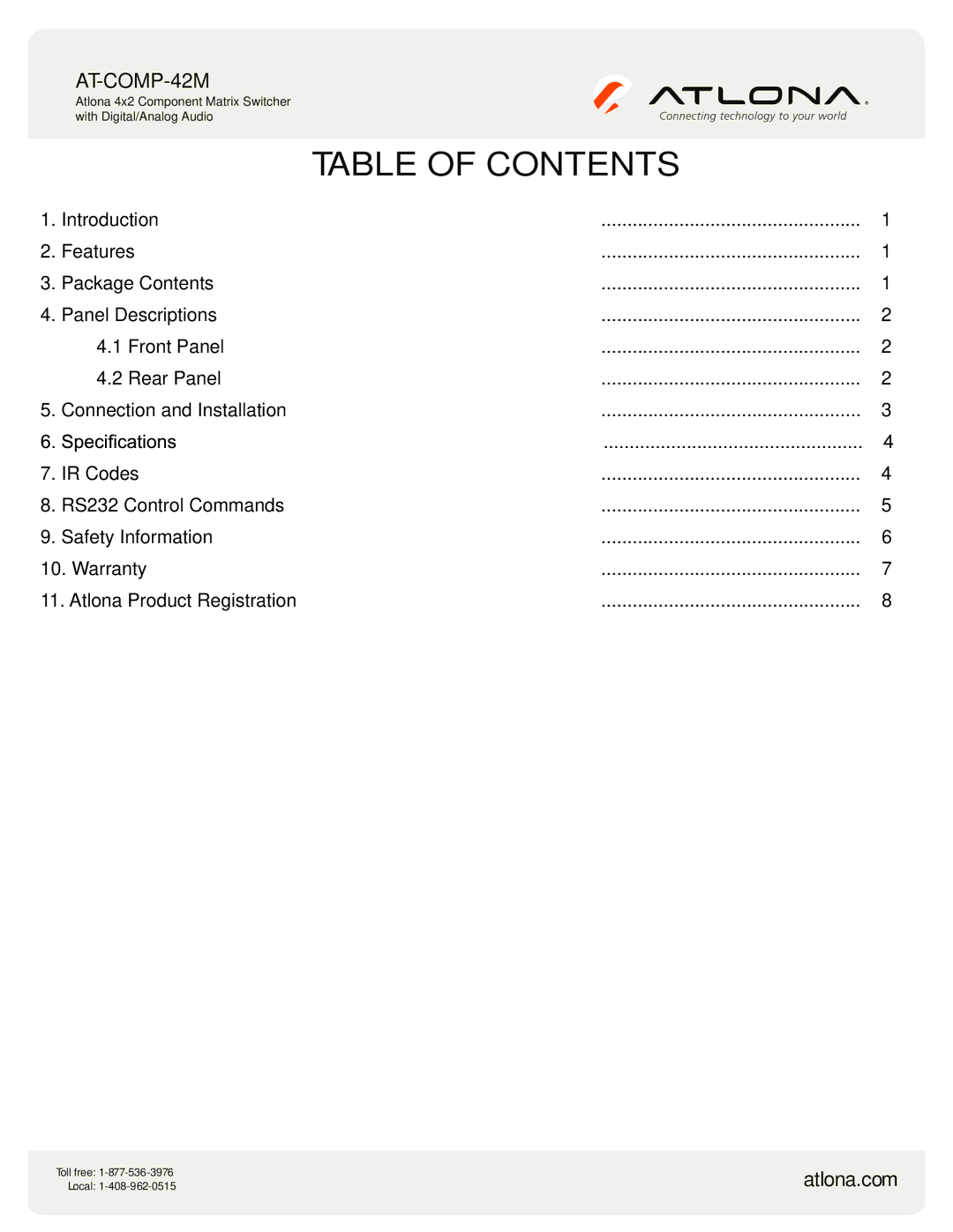 Atlona AT-COMP-42M user manual Table of Contents 