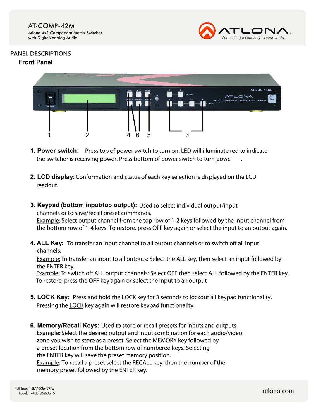 Atlona AT-COMP-42M user manual Front Panel 