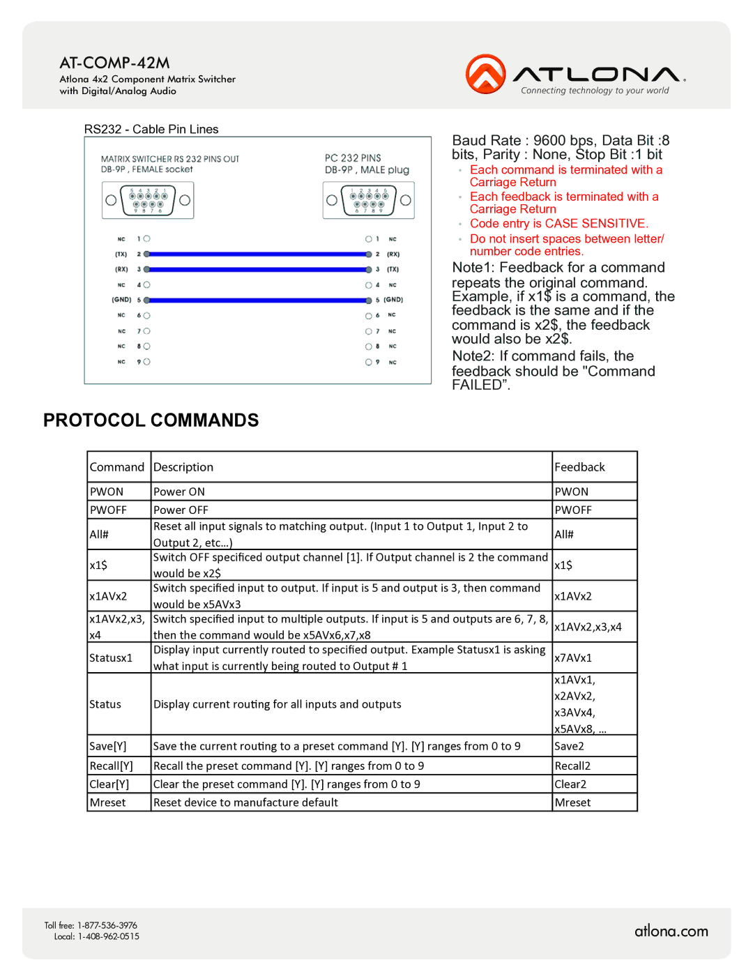 Atlona AT-COMP-42M user manual Protocol Commands 