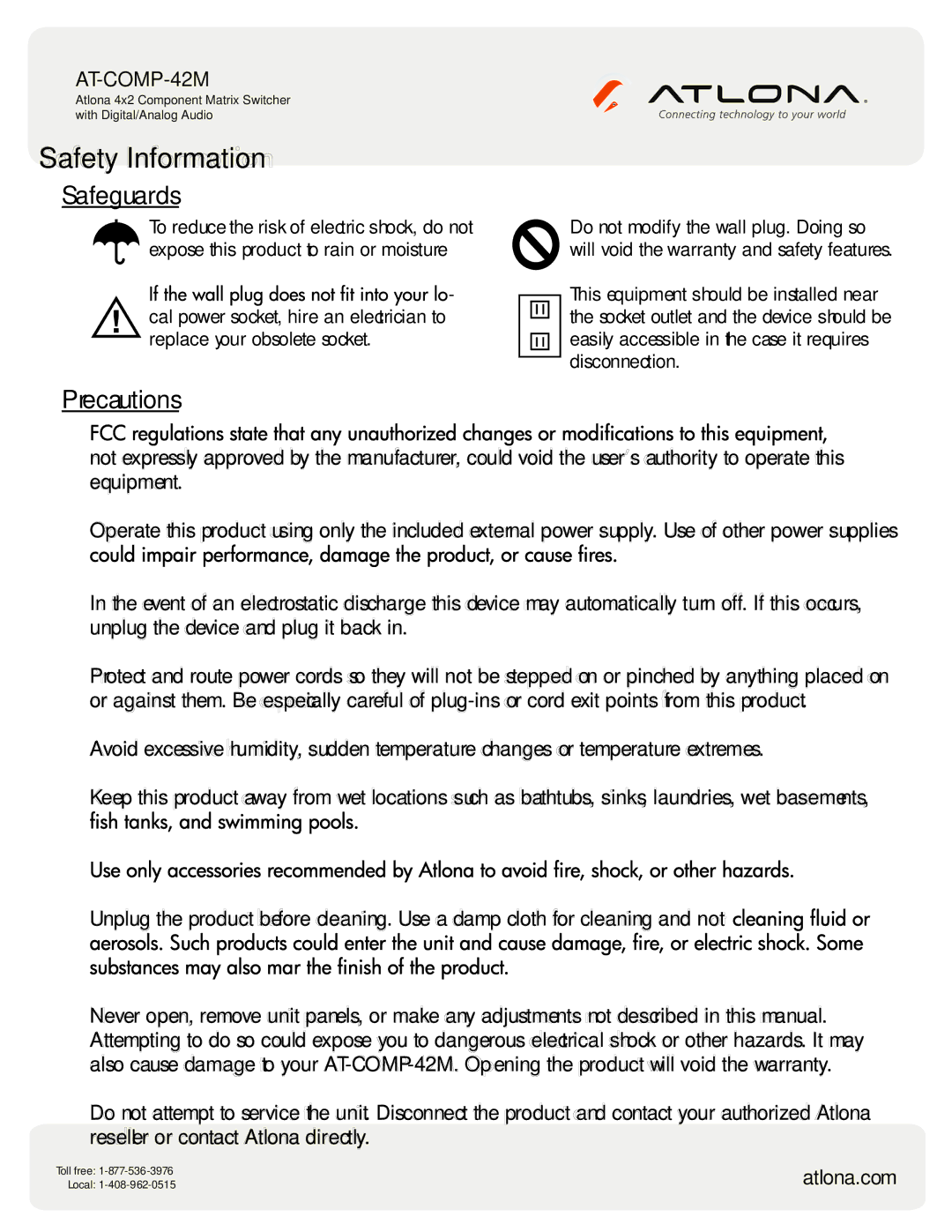 Atlona AT-COMP-42M user manual Safety Information 