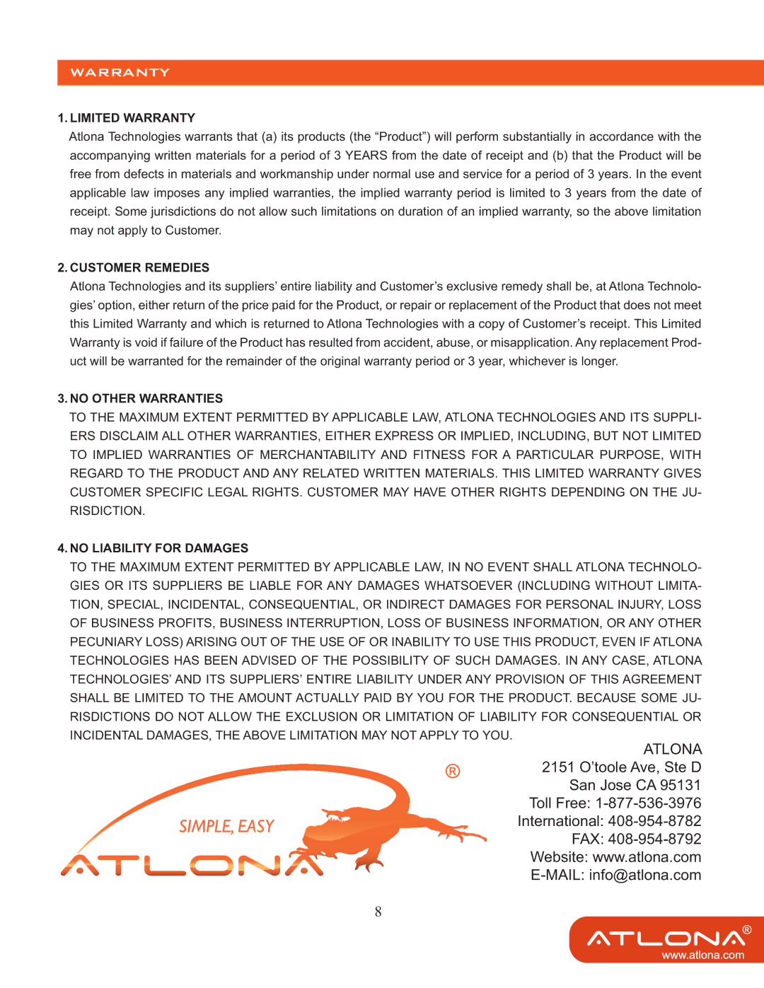 Atlona AT-COMP-42M user manual Limited Warranty 