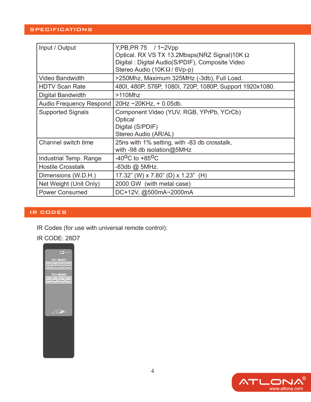 Atlona AT-COMP-42M user manual Specifications, IR Codes 