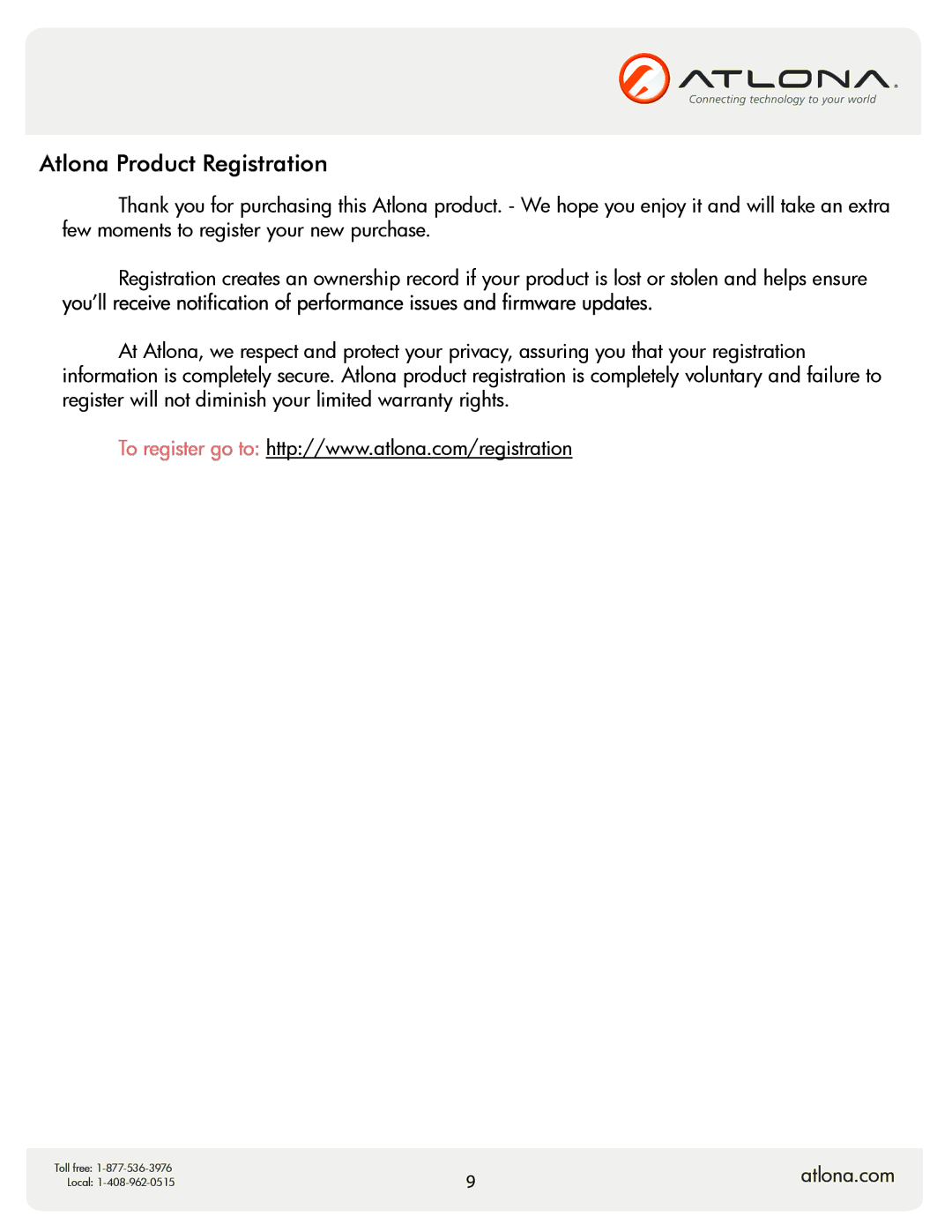 Atlona AT-COMP-44M user manual Atlona Product Registration 