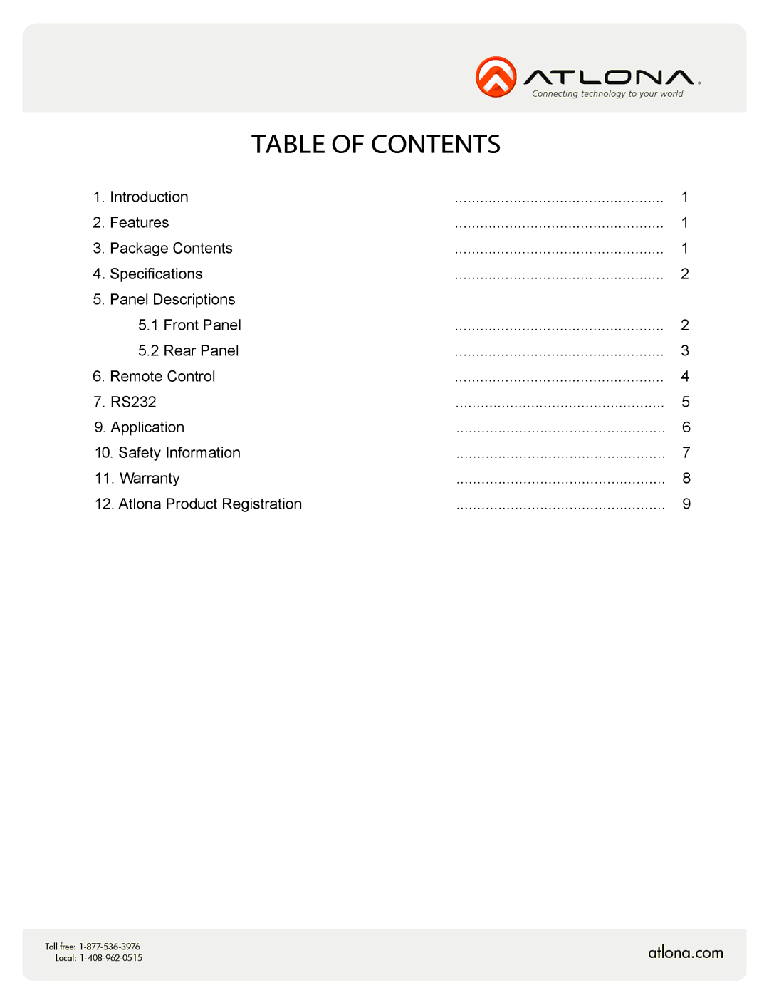 Atlona AT-COMP-44M user manual Table of Contents 