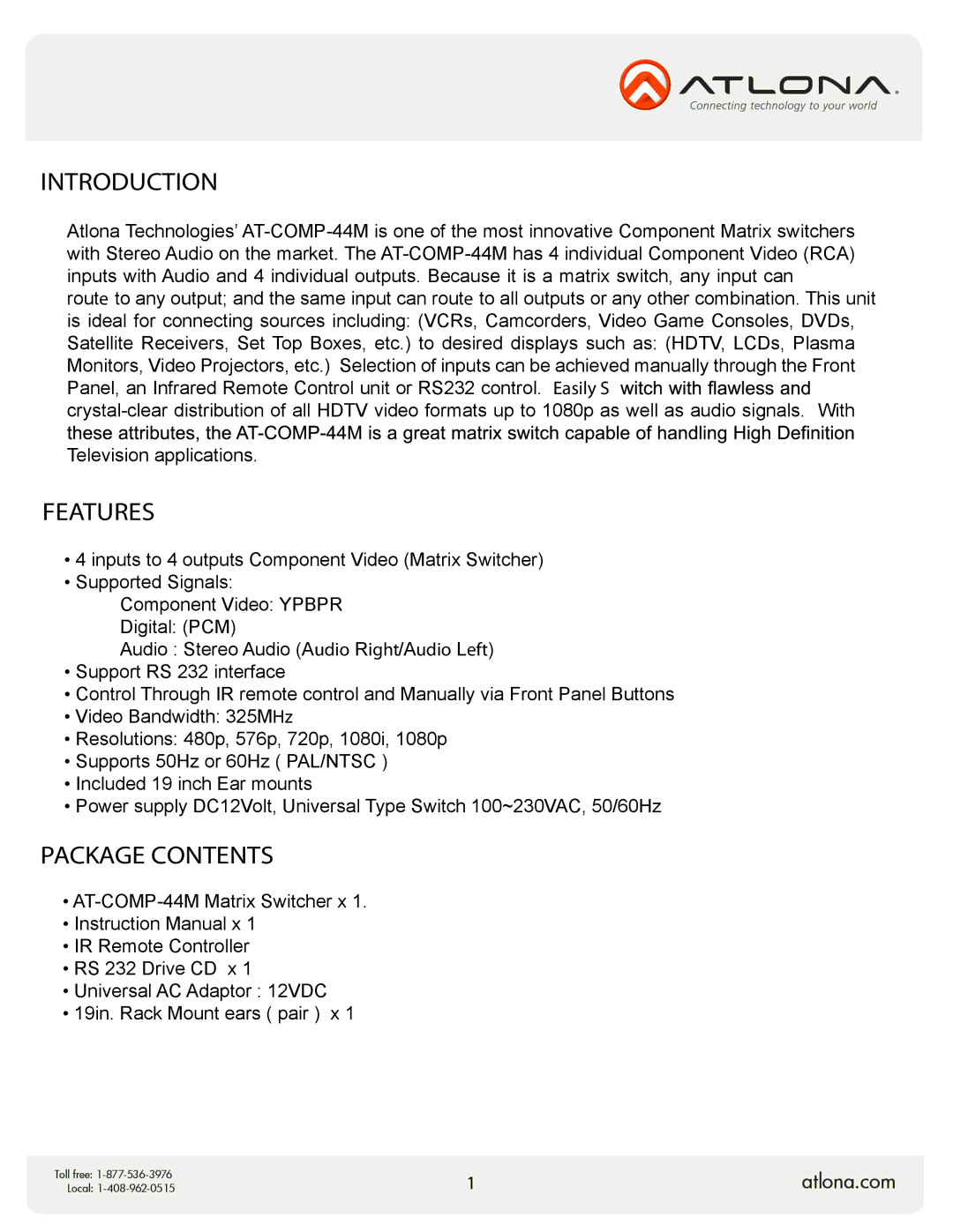 Atlona AT-COMP-44M user manual Introduction, Features, Package Contents 