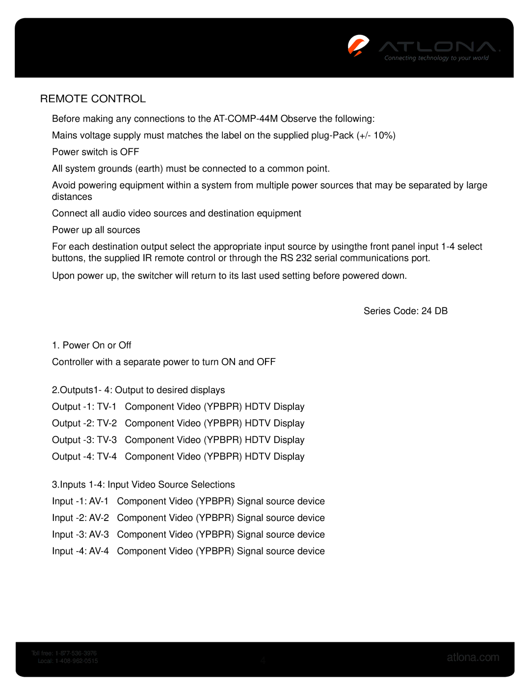 Atlona AT-COMP-44M user manual Remote Control 