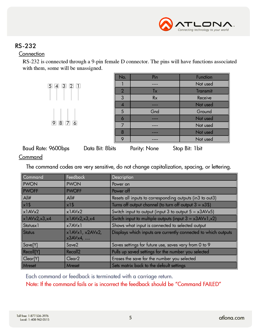 Atlona AT-COMP-44M user manual RS-232, Connection 