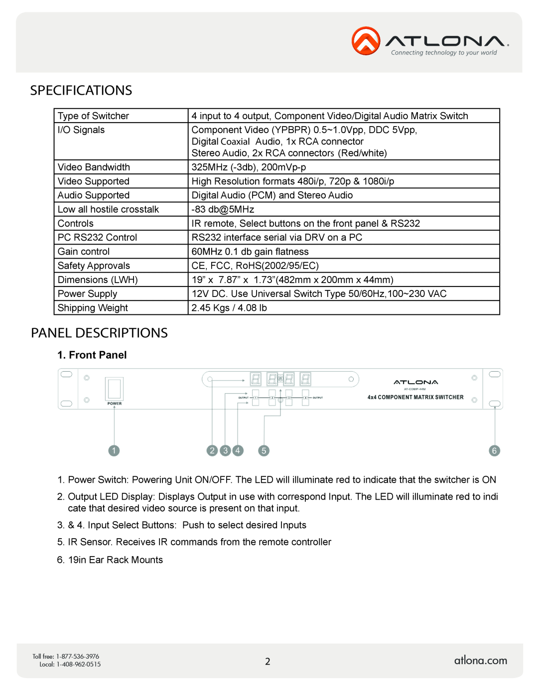 Atlona AT-COMP-44M user manual Specifications, Panel Descriptions, Front Panel 