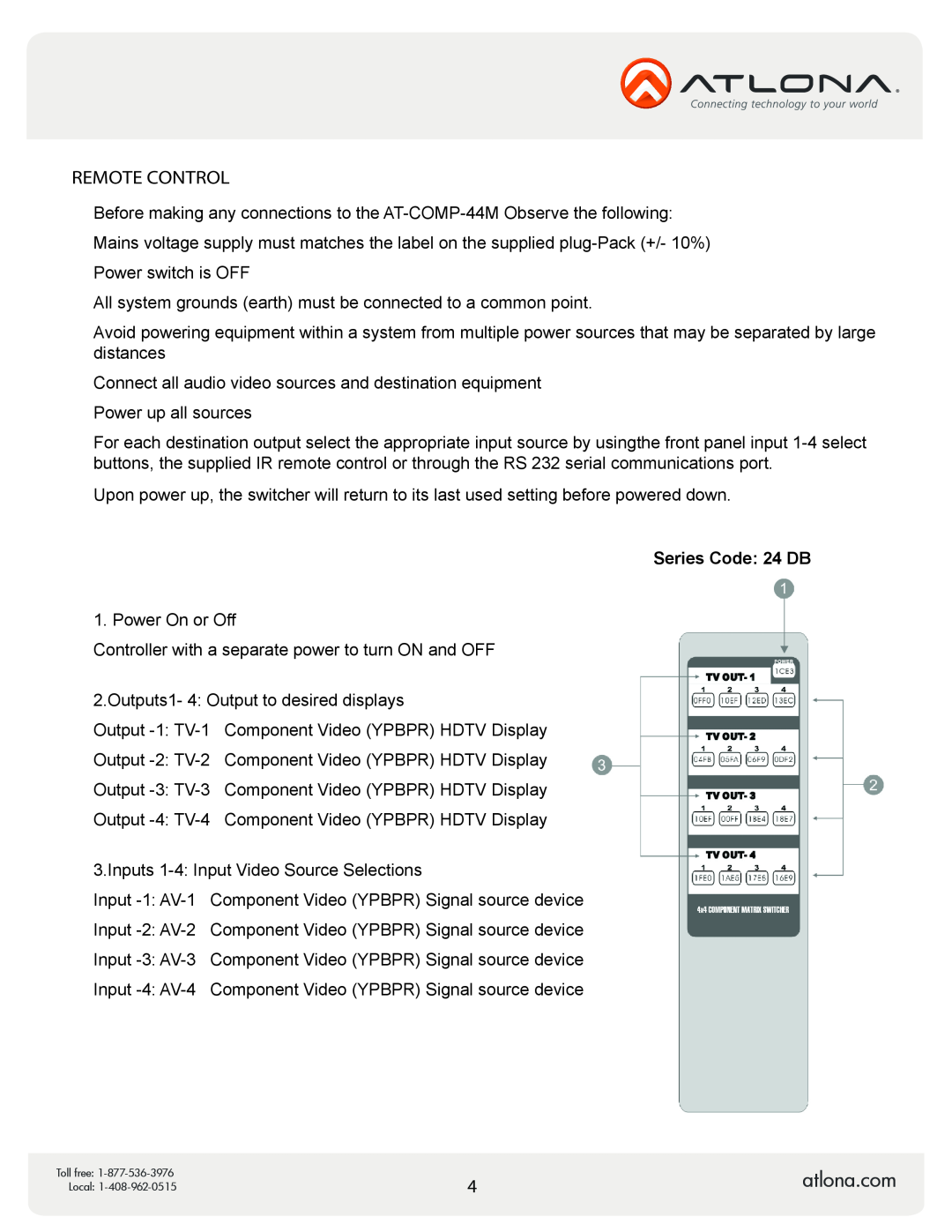 Atlona AT-COMP-44M user manual Remote Control, Series Code 24 DB 