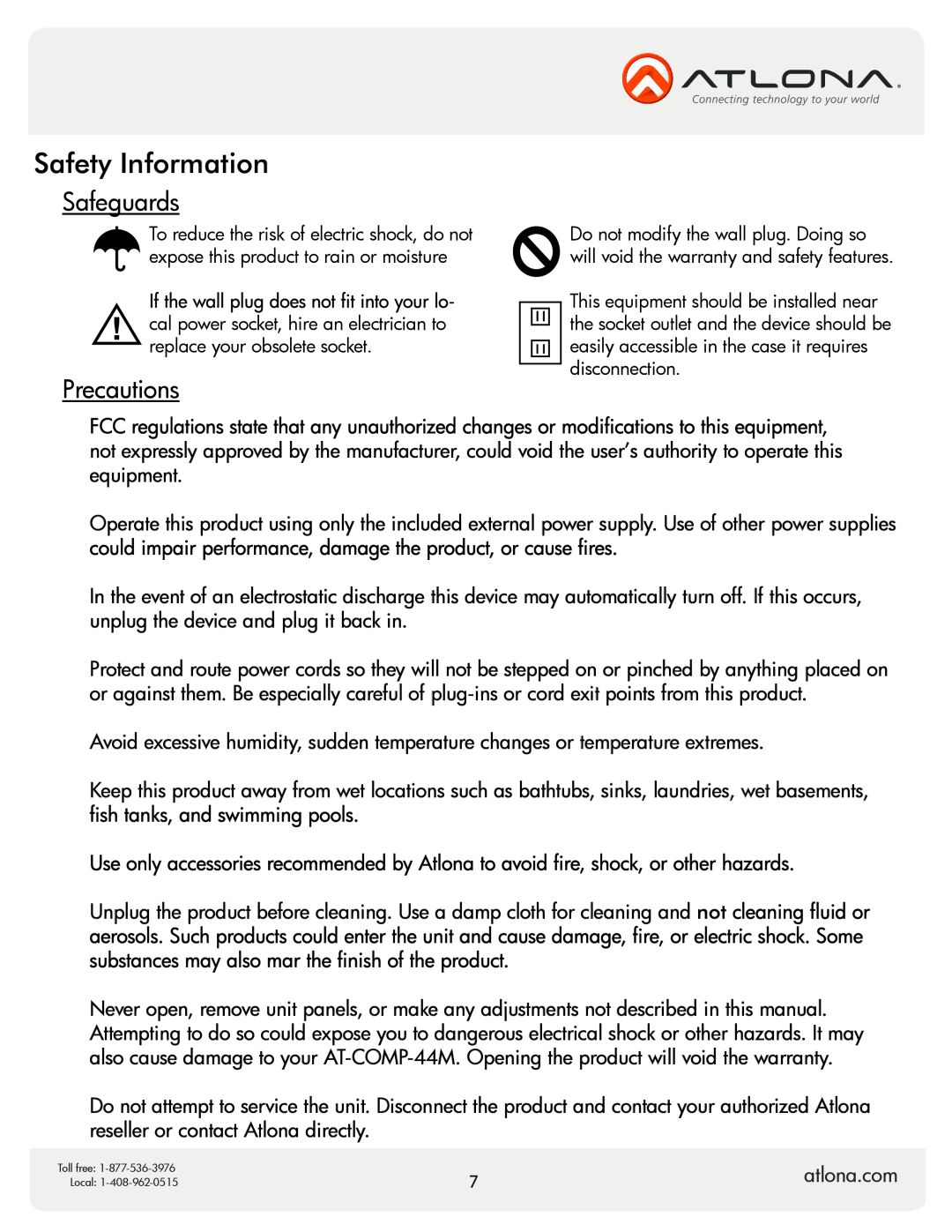 Atlona AT-COMP-44M user manual Safeguards, Precautions, Safety Information 