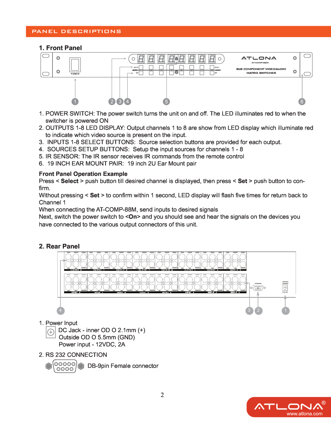Atlona AT-COMP-88M user manual Panel Descriptions, Rear Panel, Front Panel Operation Example 