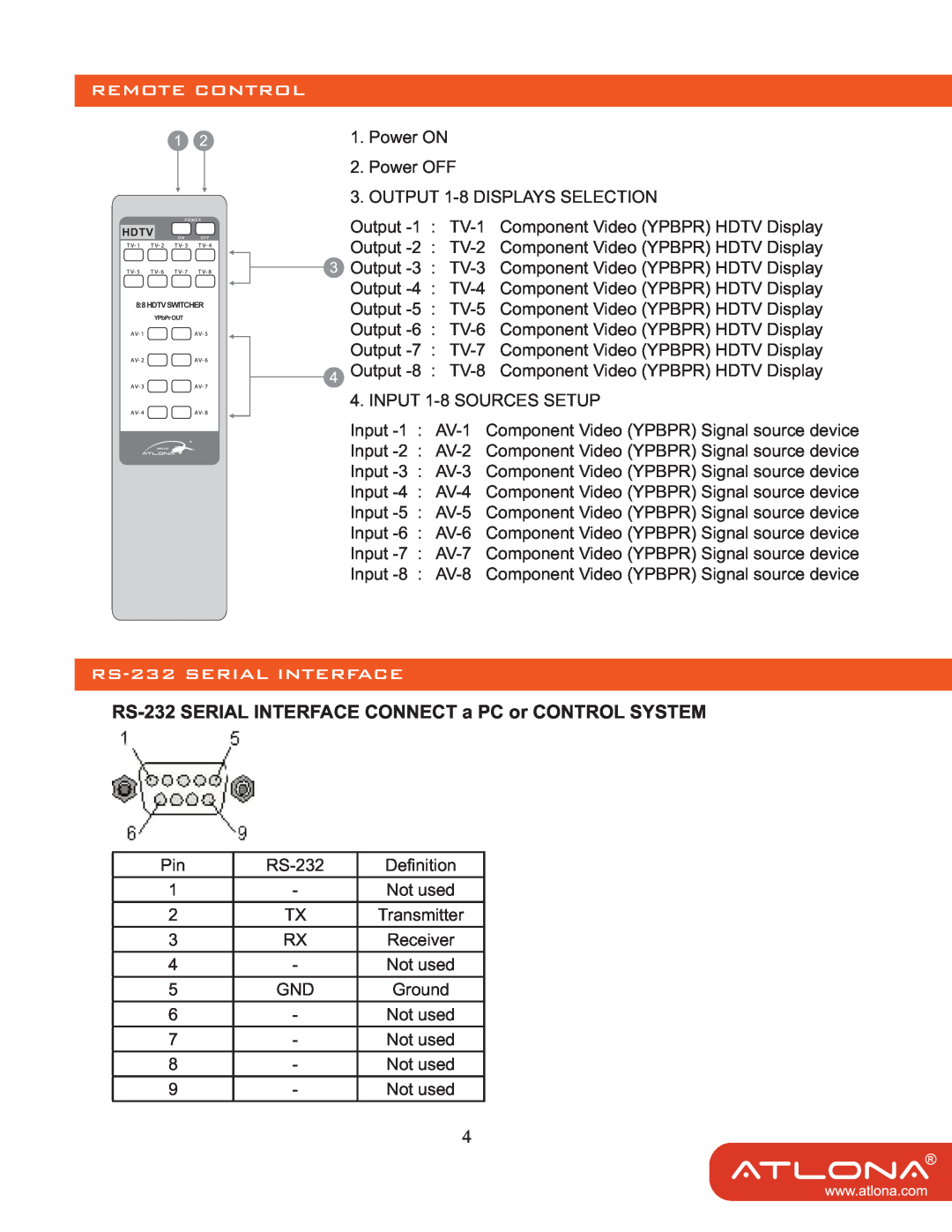 Atlona AT-COMP-88M user manual Remote Control, RS-232 SERIAL INTERFACE CONNECT a PC or CONTROL SYSTEM 