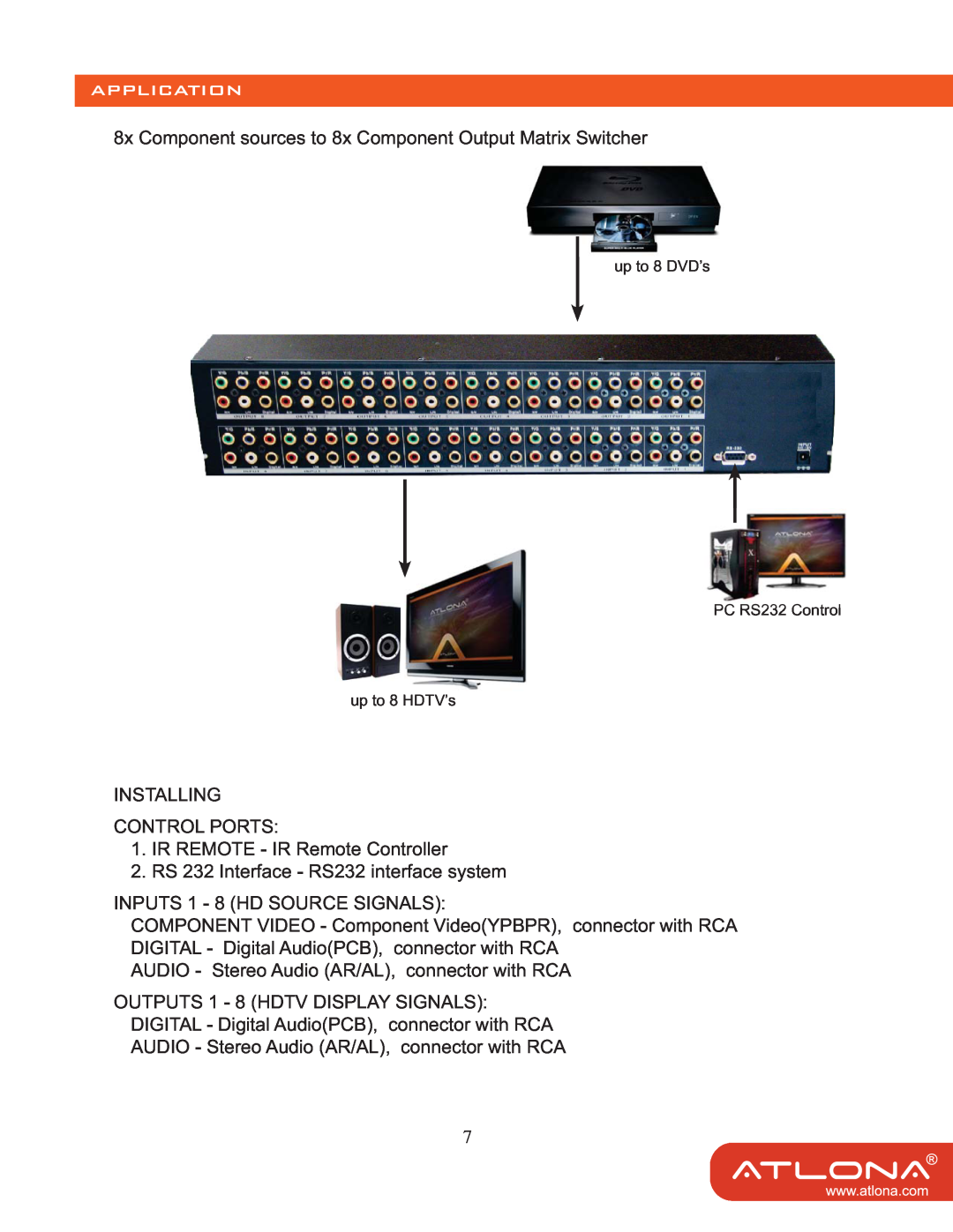 Atlona AT-COMP-88M user manual Application, up to 8 DVD’s PC RS232 Control up to 8 HDTV’s 